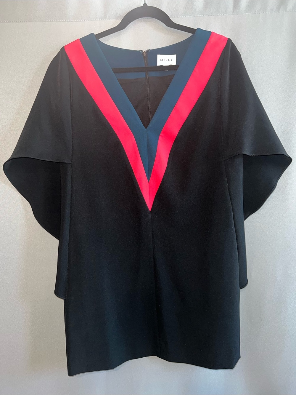 Milly Black Butterfly Sleeve V-Neck Shift Dress Pink Teal Trim Size 6 USA